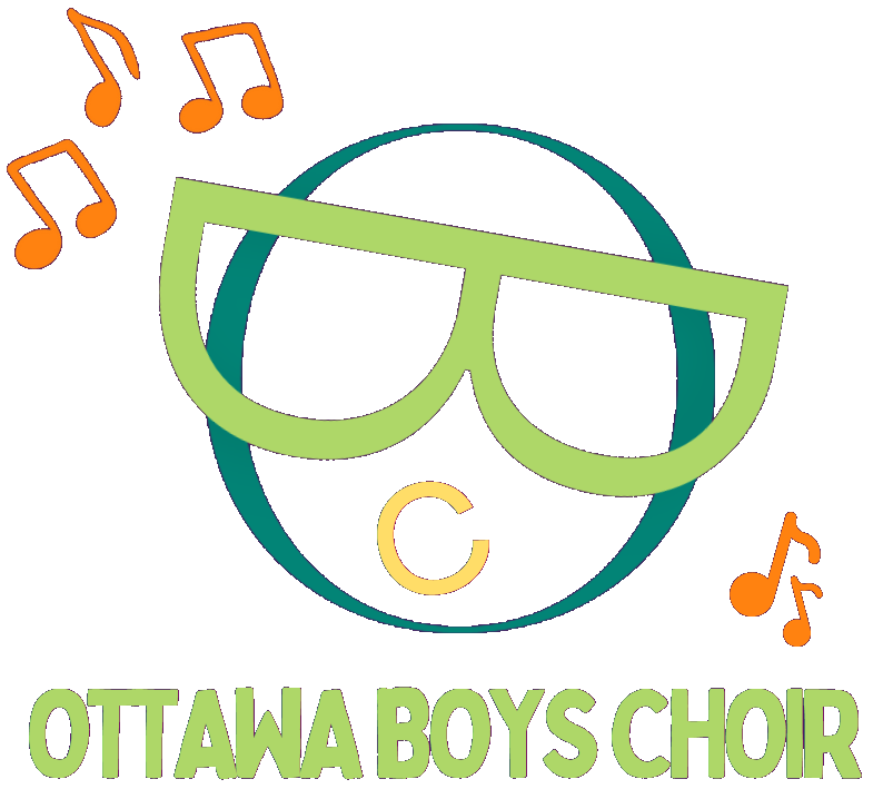 The letters OBC are arranged to make a face. The O is an oval face. The B is placed horizontally to make a pair of sunglasses while the C is open in song. Underneath reads Ottawa Boys Choir - Find your voice